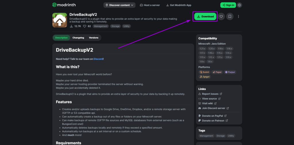 Modrinth DriveBackupV2 plugin download page