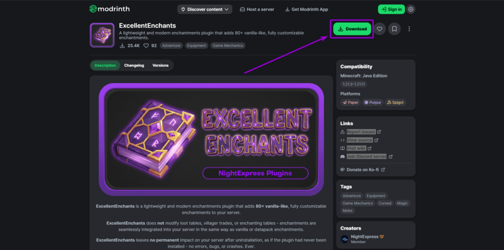 Modrinth ExcellentEnchants plugin download button