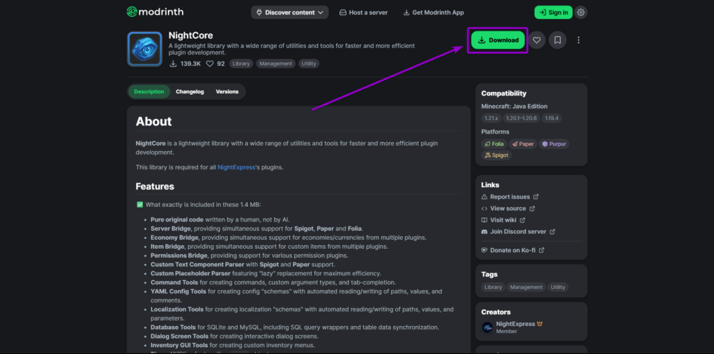 Modrinth NightCore library plugin download button