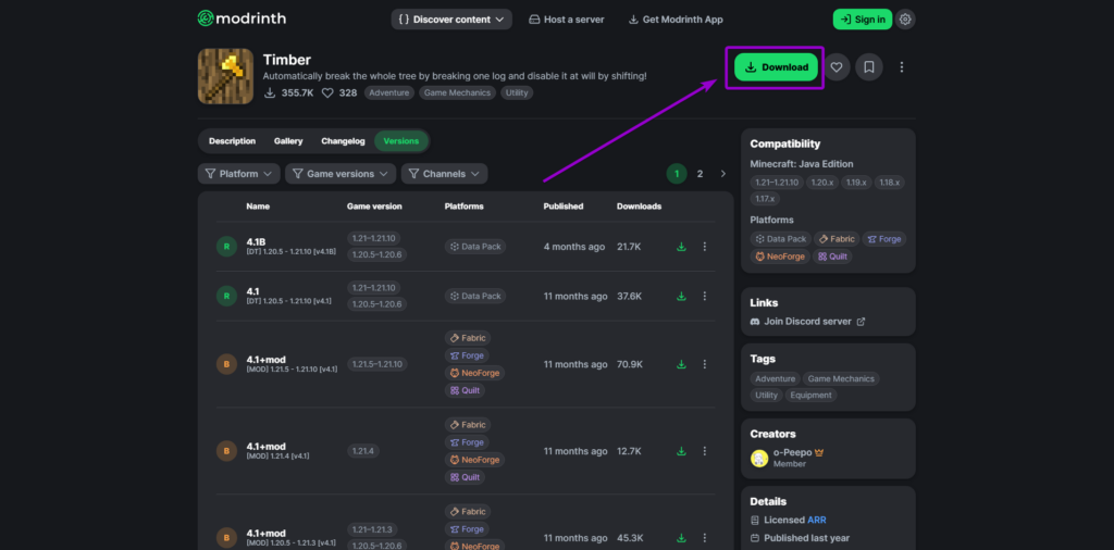 Modrinth Timber mod download button