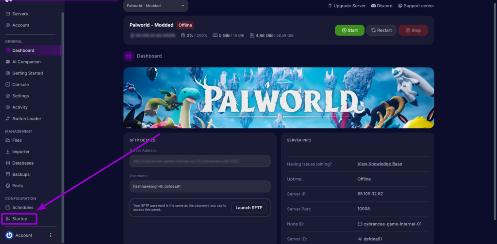 Select 'Startup' outlined with arrow