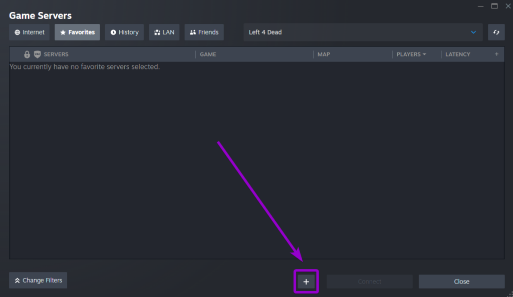 Clicking the plus icon to add a new server IP to your Steam favorites