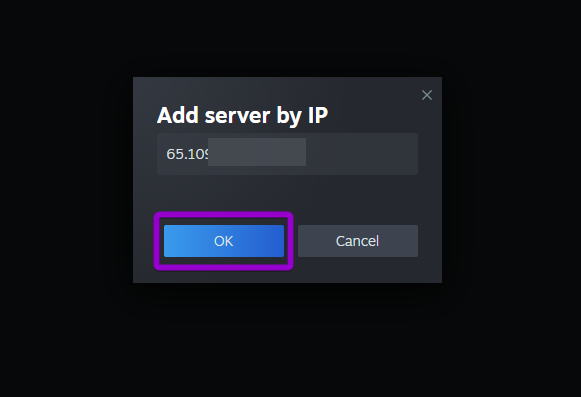 Entering the Left 4 Dead 2 server IP address and clicking OK in the Steam prompt