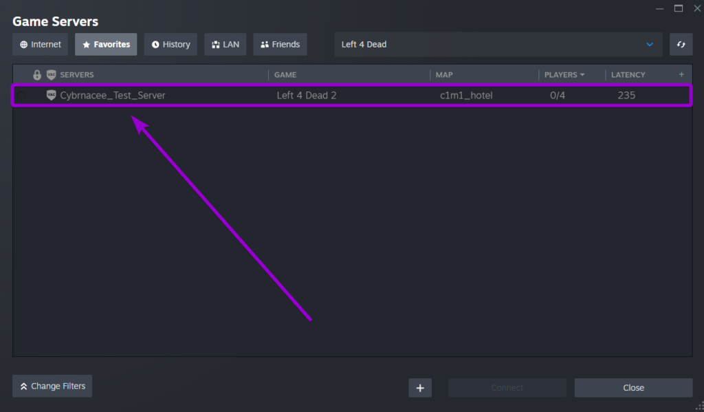 The Left 4 Dead 2 server successfully added and highlighted in the Steam Favorites list