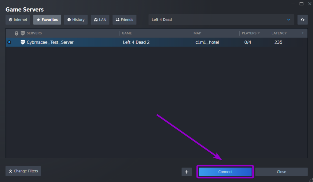 Clicking the Connect button to launch Left 4 Dead 2 and join the server directly