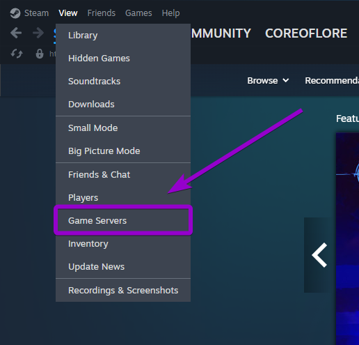 Selecting the Game Servers option from the Steam View dropdown menu