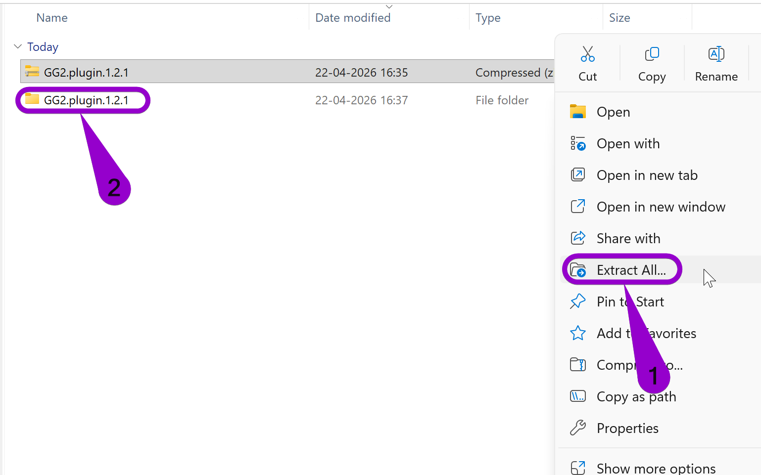 Arrow labeled '1' points to the 'Extract All' option, and an arrow labeled '2' points to the extracted folder.