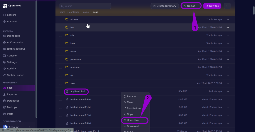 An arrow labeled '1' points to the 'Upload' button used to add the AnyBaseLib.zip. A second arrow labeled '2' points to the 'Unarchive' option in the file's context menu, which extracts the AnyBaseLib  plugin and automatically places the  folder into the server's addons directory.