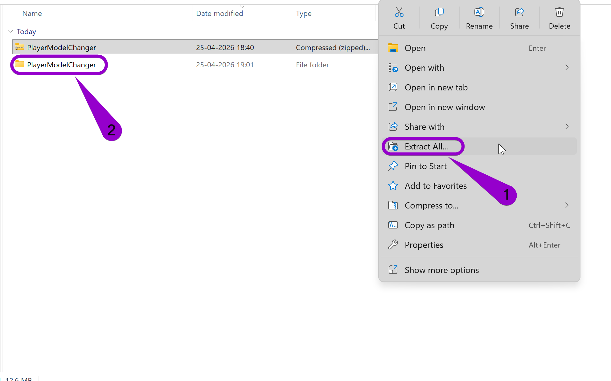 Arrow labeled '1' points to the 'Extract All' option, and an arrow labeled '2' points to the extracted folder.