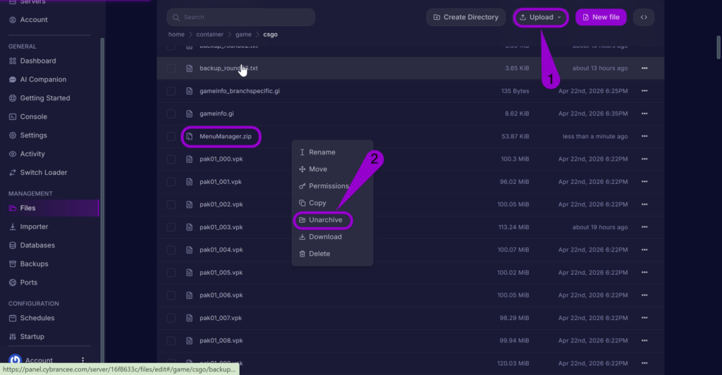An arrow labeled '1' points to the 'Upload' button used to add the MenuManager.zip. A second arrow labeled '2' points to the 'Unarchive' option in the file's context menu, which extracts the MenuManager  plugin and automatically places the  folder into the server's addons directory.