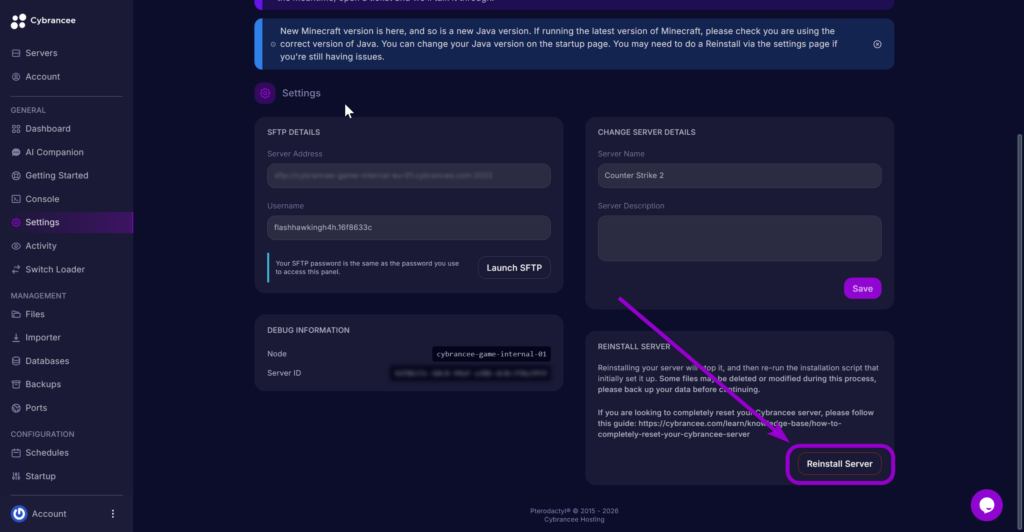 'ReinstallServer' outlined with arrow