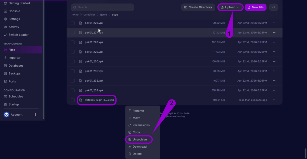 An arrow labeled '1' points to the 'Upload' button used to add the RetakesPlugin-3.0.3.zip. A second arrow labeled '2' points to the 'Unarchive' option in the file's context menu, which extracts the RetakesPlugin plugin and automatically places the folder into the server's addons directory.