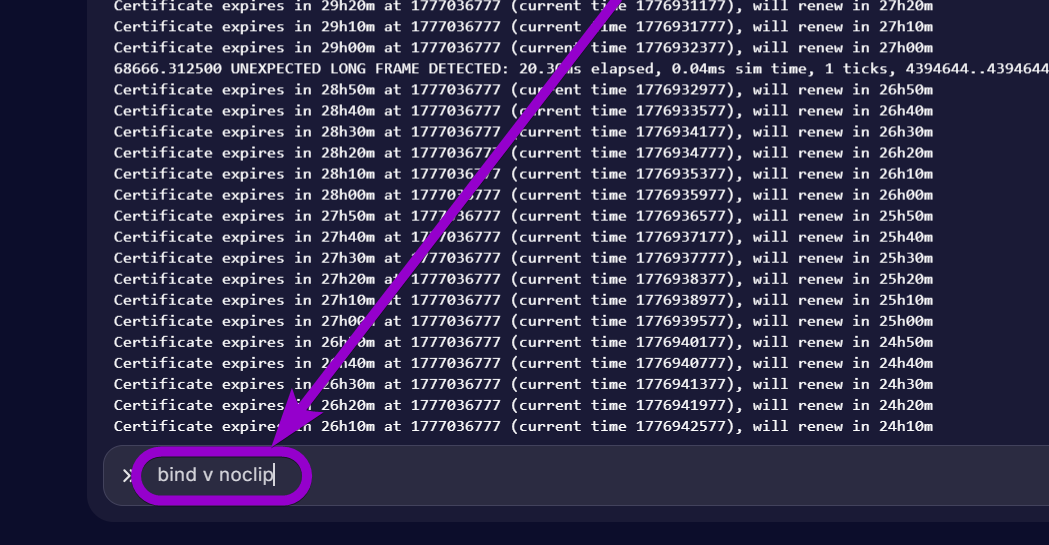 'bind v noclip' outlined with arrow