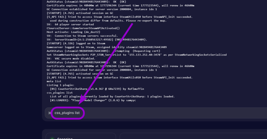 'css_plugins list' outlined with arrow