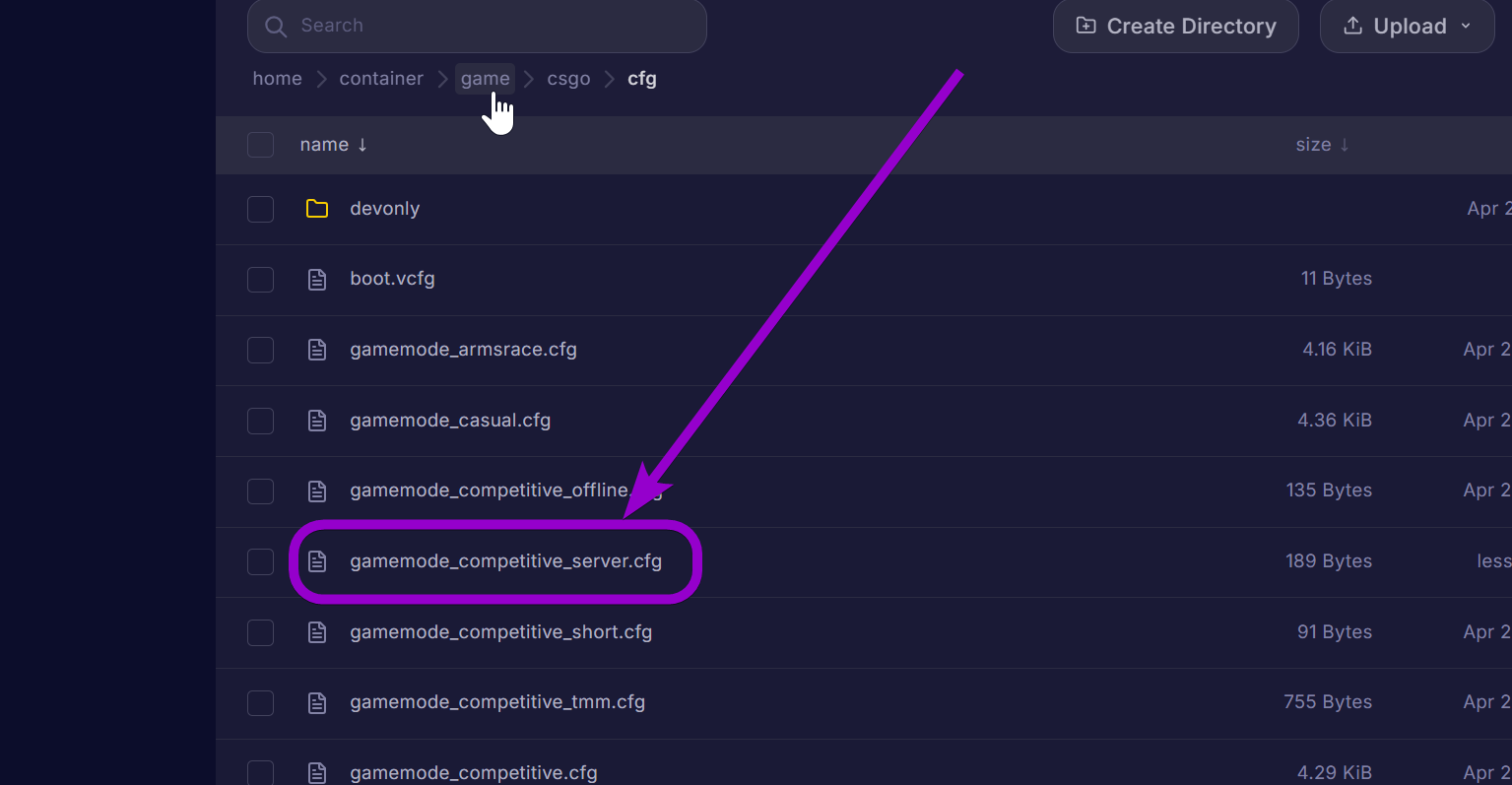 'gamemode_competitive_server.cfg' outlined with arrow