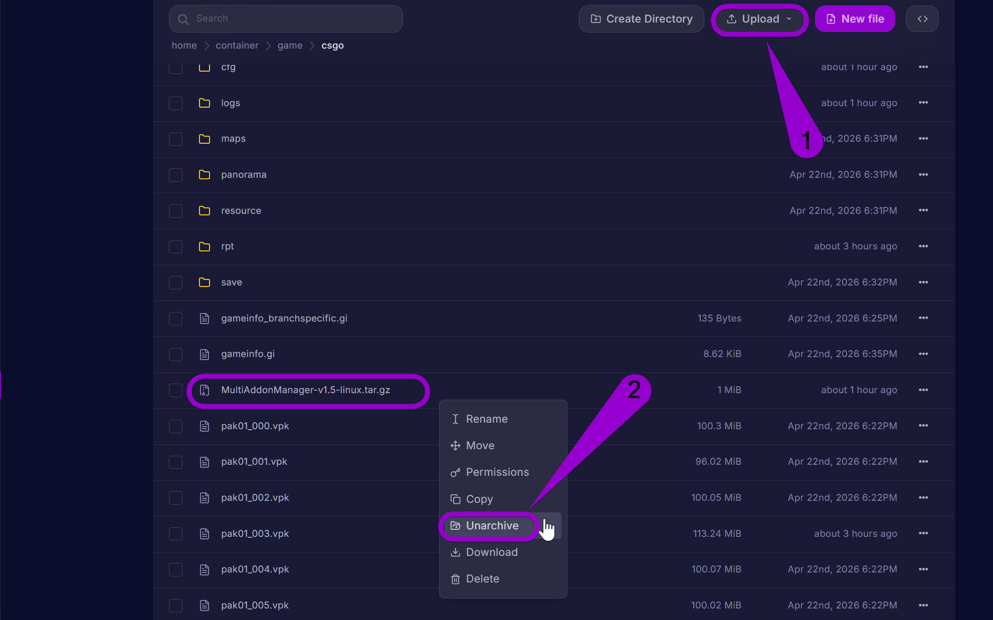 An arrow labeled '1' points to the 'Upload' button used to add the MultiAddonManager-v1.5-linux.tar.gz file. A second arrow labeled '2' points to the 'Unarchive' option in the file's context menu, which extracts the plugin and automatically places the multiaddonmanager folder into the server's addons directory.