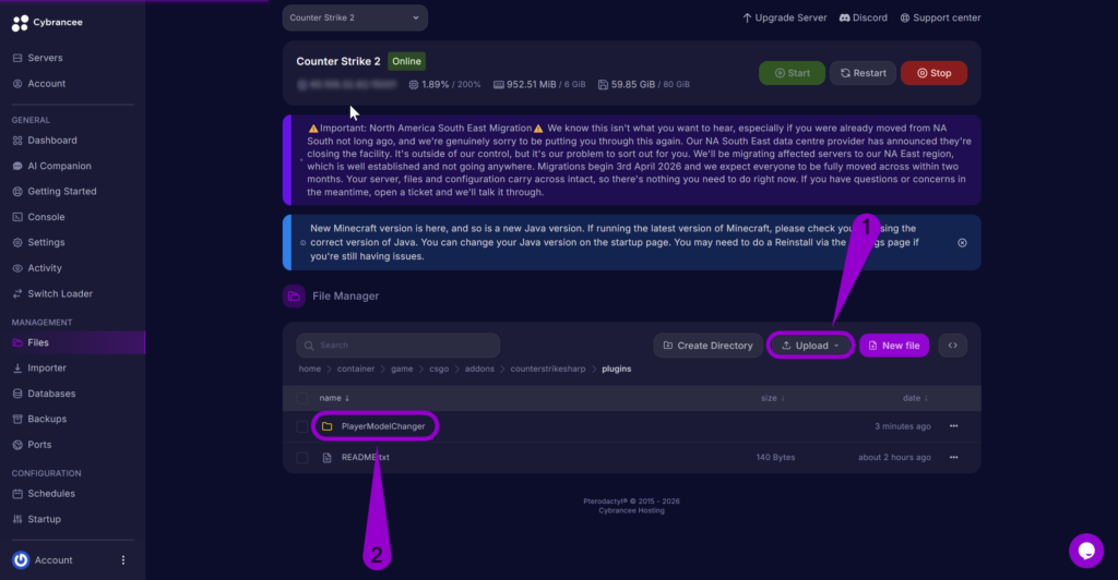 Arrow labeled '1' points to the 'Upload' button, and an arrow labeled '2' points to the PlayerModelChanger folder in the Cybrancee Panel