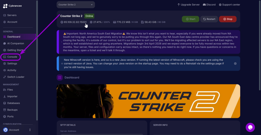 'Console' tab outlined with arrow in Cybrancee panel