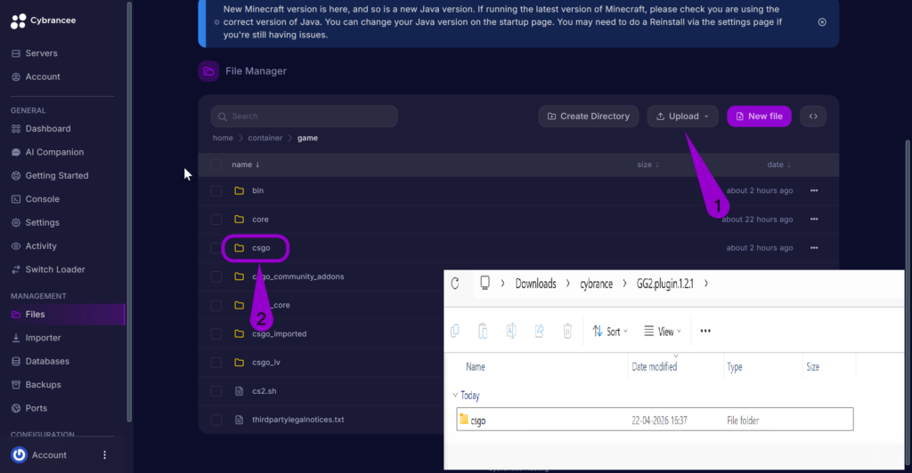 Arrow labeled '1' points to the 'Upload' button, and an arrow labeled '2' points to
csgo file in the Cybrancee Panel