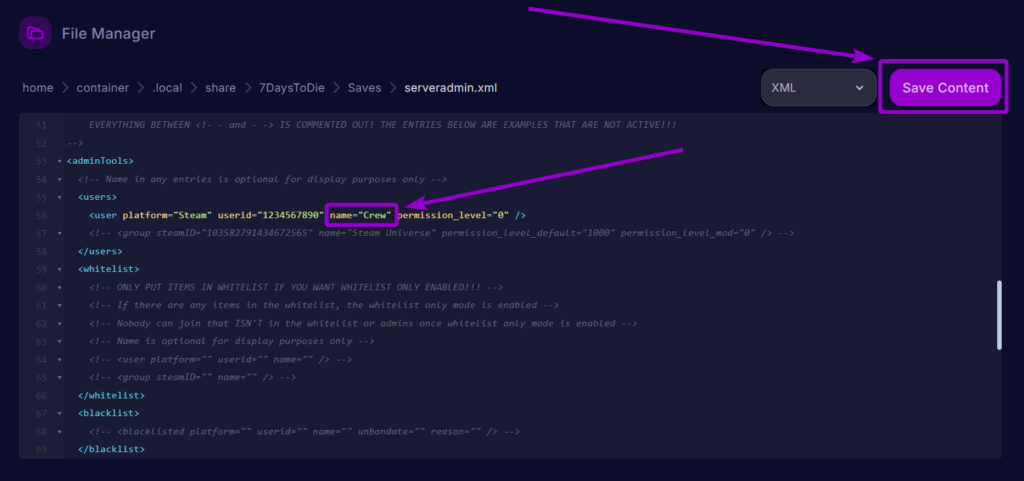 Cybrancee Panel 7 Days To Die Admin Config Name Section And Save Button Outlined
