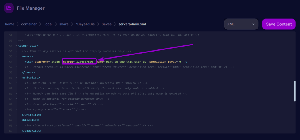 Cybrancee Panel 7 Days To Die Admin Config UserID Section Outlined