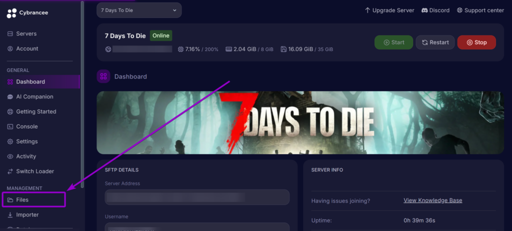 Cybrancee Panel 7 Days To Die Files Tab Outlined