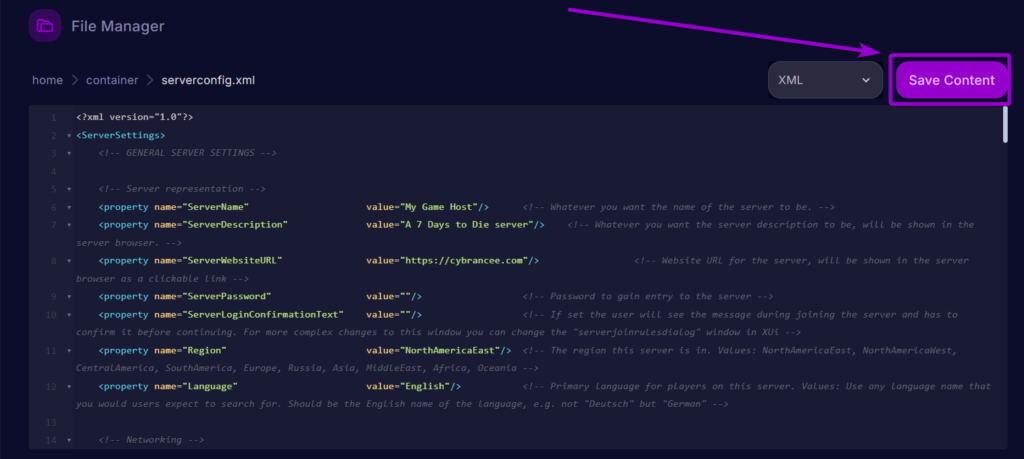 Cybrancee Panel 7 DaysTo Die Server Config Url Outlined