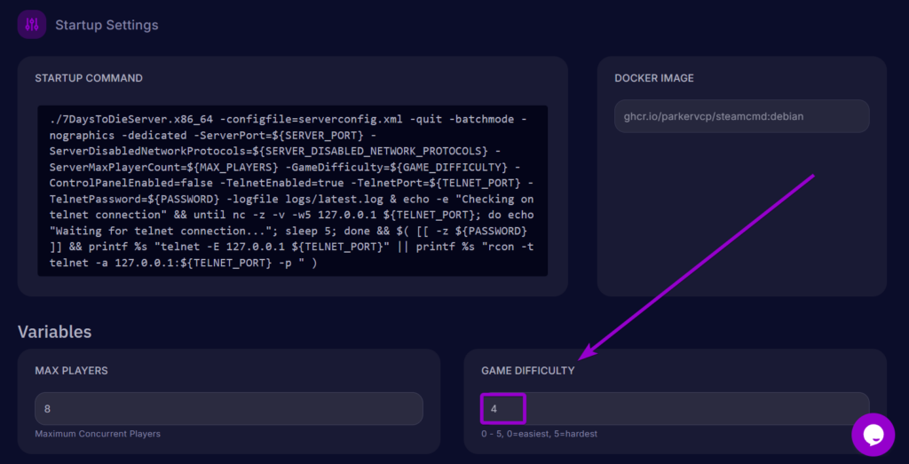 Cybrancee Panel 7 Days To Die Startup Tab Difficulty Field Outlined