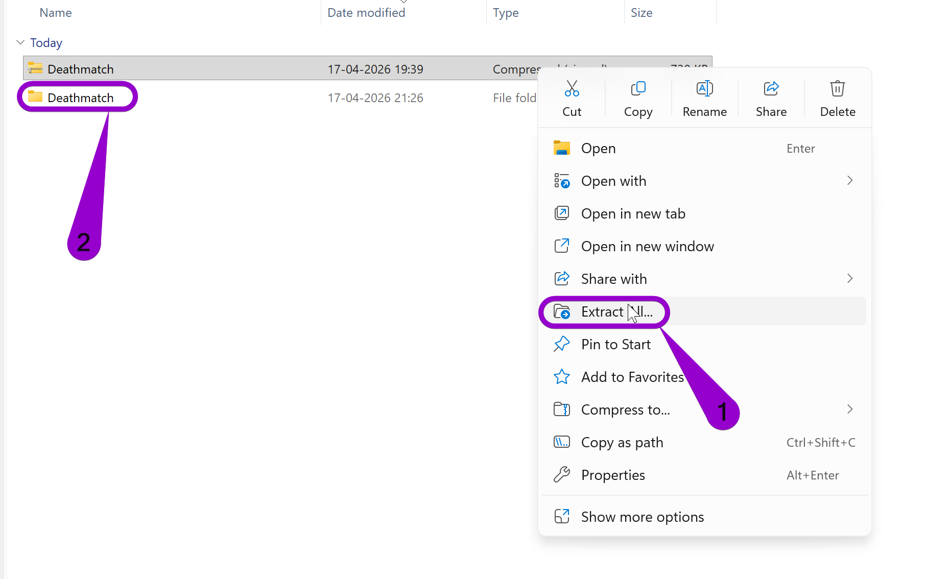Arrow labeled '1' points to the 'Extract All' option, and an arrow labeled '2' points to the extracted folder.