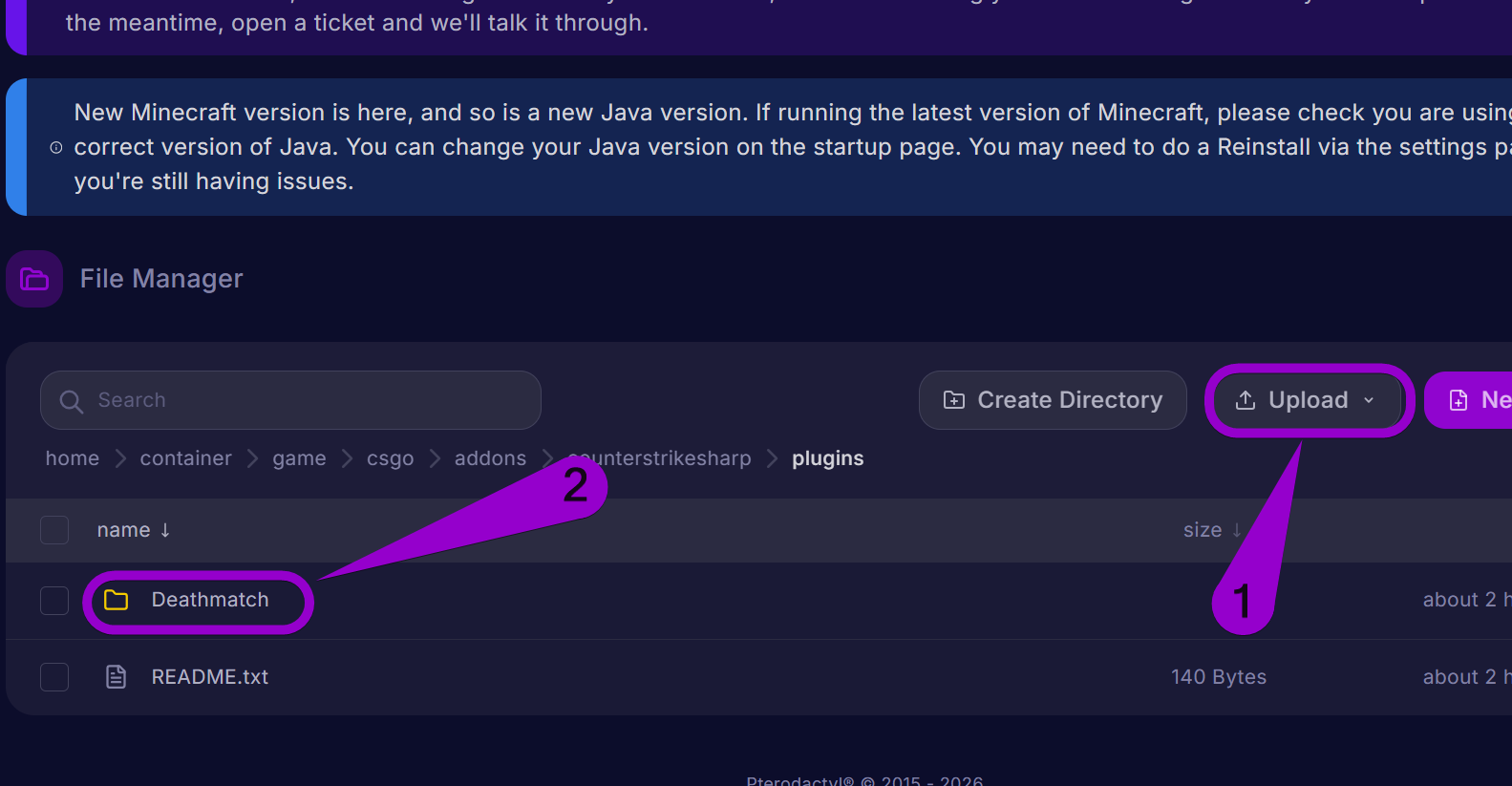 Arrow labeled '1' points to the 'Upload' button, and an arrow labeled '2' points to the 'Deadmatch' folder within the game/csgo/addons/counterstrikesharp/plugins/Deathmatch/Deathmatch.dll directory in the Cybrancee Panel