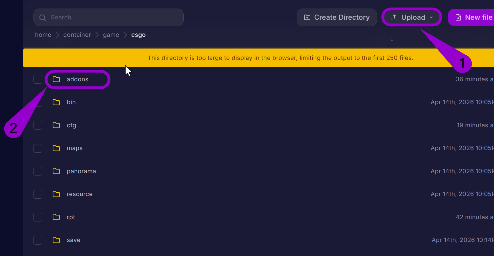 An arrow labeled '1' points to the 'Upload' button, and an arrow labeled '2' points to the 'addons' folder within the /game/csgo/ directory in the Cybrancee Panel