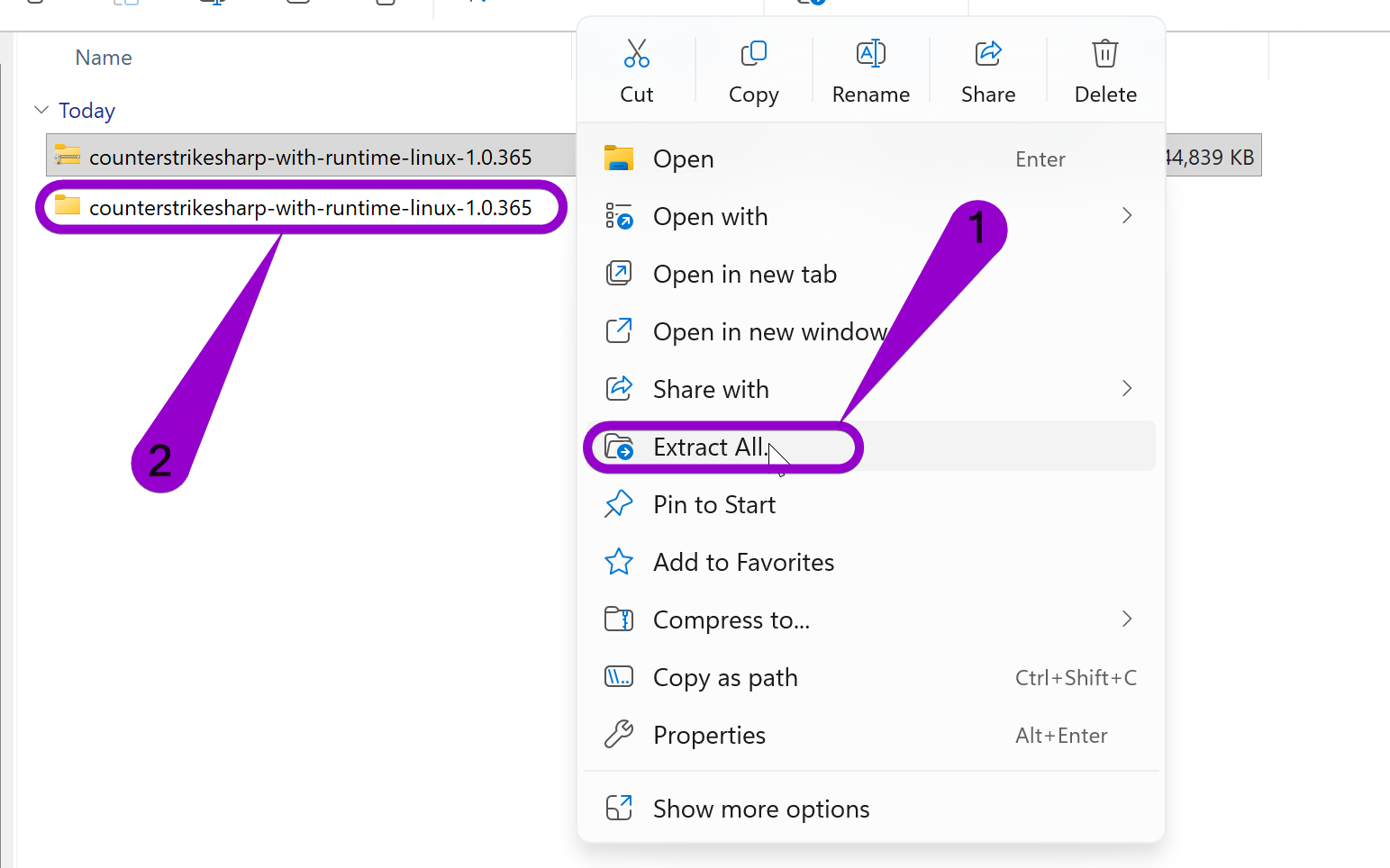 Arrow labeled '1' points to the 'Extract All' option, and an arrow labeled '2' points to the extracted folder.
