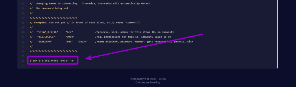 Adding a user Steam ID with the 'a' flag to grant reserved slot access