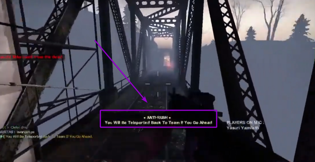 In-game view showing the Anti-Rush plugin warning message on the screen for a player running too far ahead of the team
