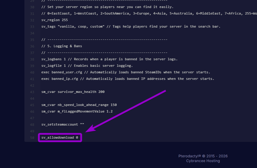 Adding the sv_allowdownload 0 command to the bottom of the server.cfg file