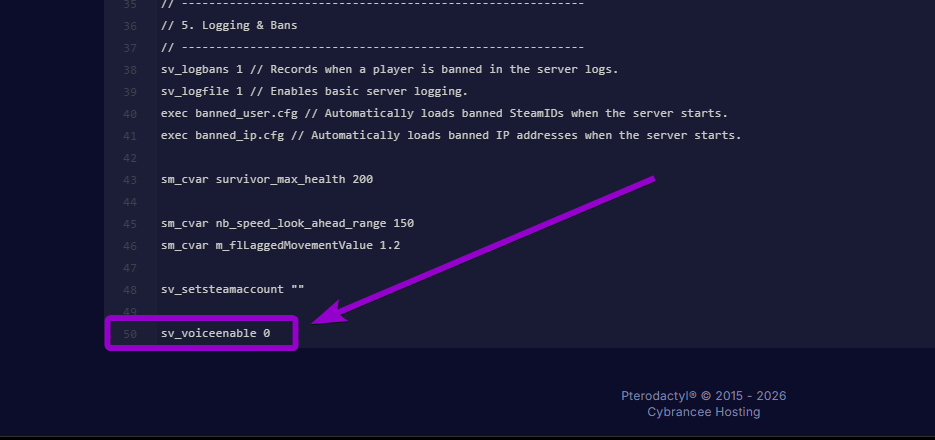 Adding the sv_voiceenable 0 command to the bottom of the server.cfg file