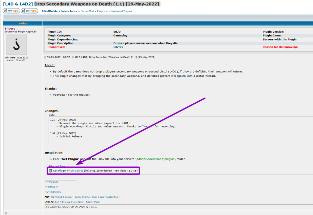 Downloading the l4d_drop_secondary.smx plugin file from the AlliedModders forum