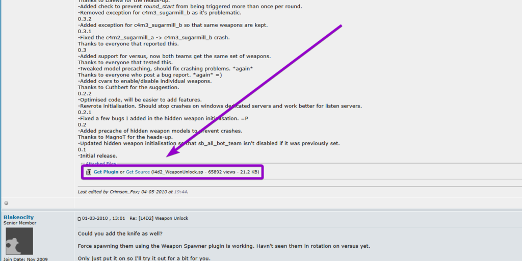 Downloading the l4d2_WeaponUnlock.smx plugin file from the AlliedModders forum