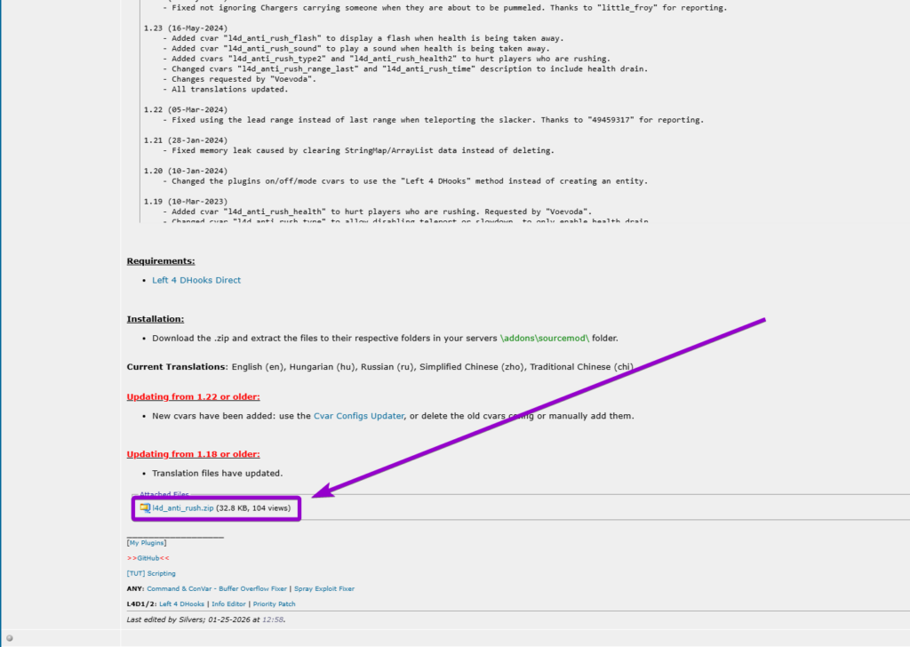 Downloading the l4d_anti_rush zip file from the AlliedModders forum