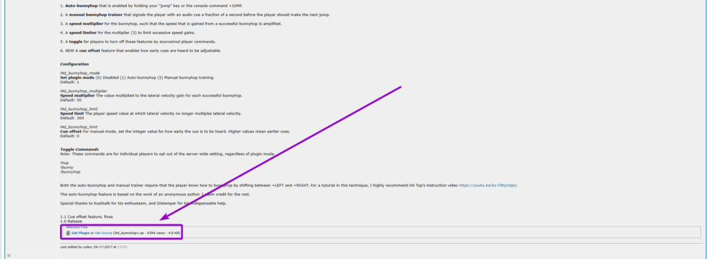Clicking the Get Plugin link to download the Bunnyhop+ file from the AlliedModders forum