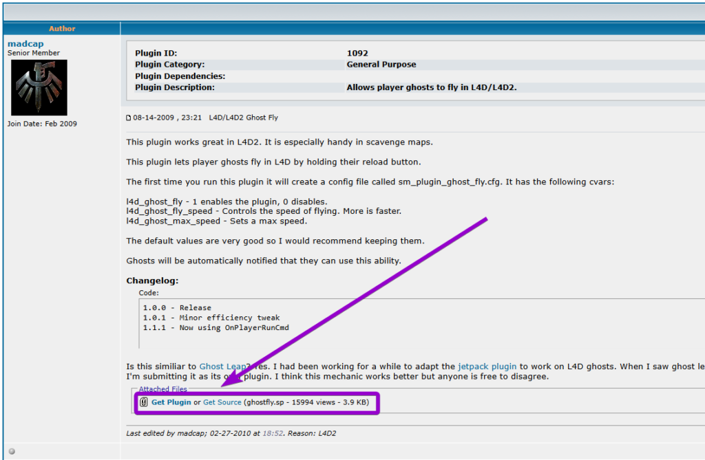 Downloading the compiled Ghost Fly plugin from the AlliedModders forum