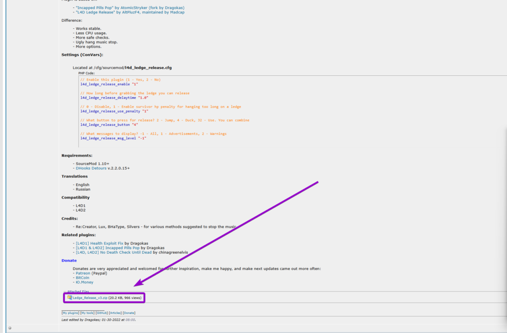 Downloading the Ledge_Release_v3.zip file from the AlliedModders forum