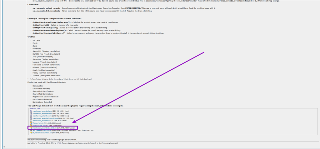 Downloading the mapchooser_extended_1.10.2.zip file from the AlliedModders forum