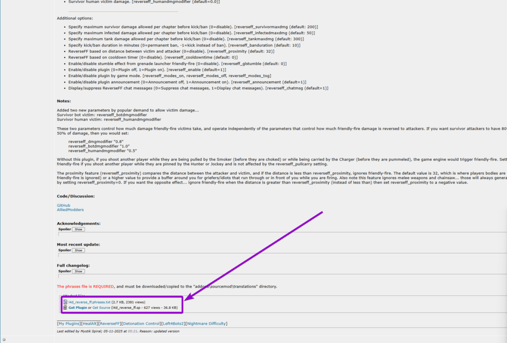 Downloading the l4d_reverse_ff smx and phrases txt files from the AlliedModders forum