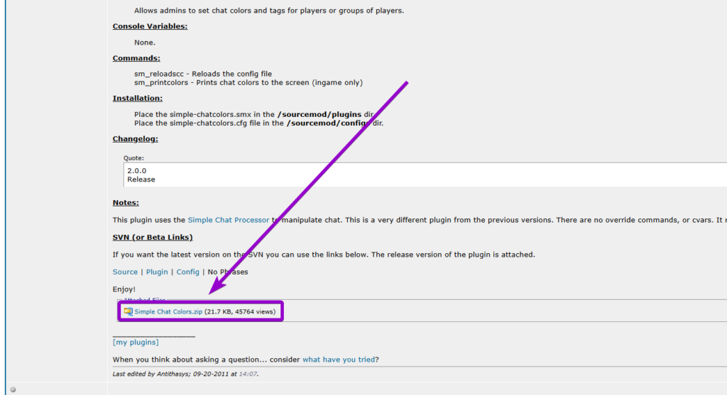 Downloading the Simple Chat Colors.zip file from the AlliedModders forum