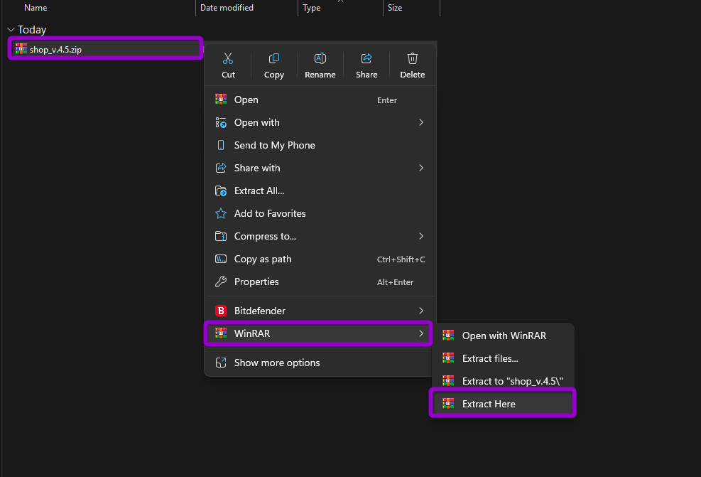 Using WinRAR to extract the shop plugin zip file on your computer