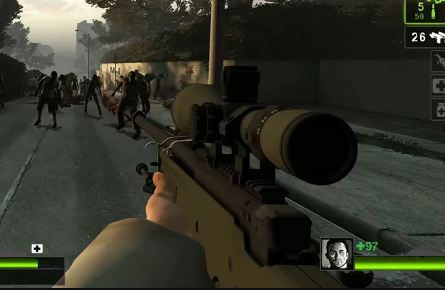 In-game view showing a player holding the hidden Counter-Strike: Source AWP sniper rifle in Left 4 Dead 2