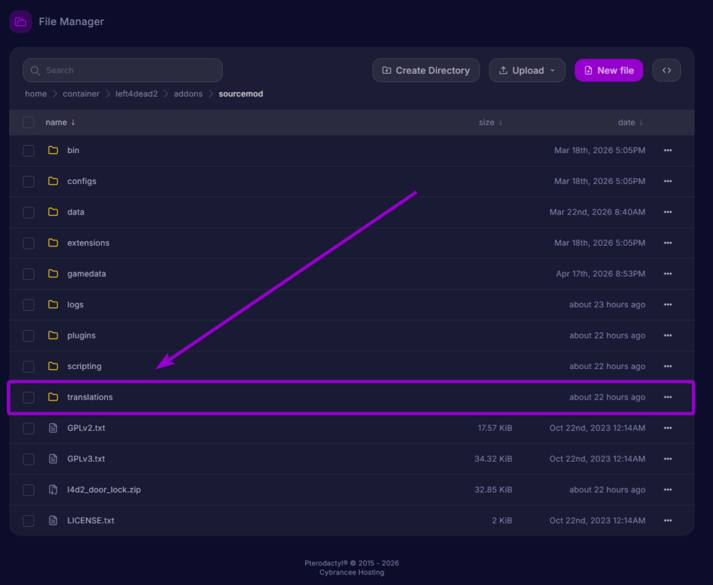 Locating the translations folder inside the sourcemod directory in the server panel