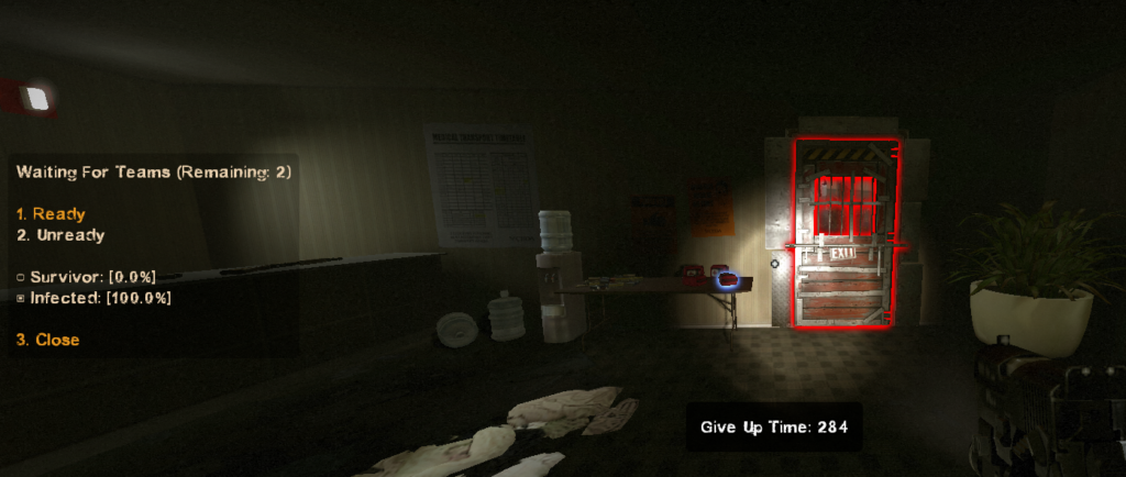 safe room showing a locked door with a red glow and an on-screen ready up menu