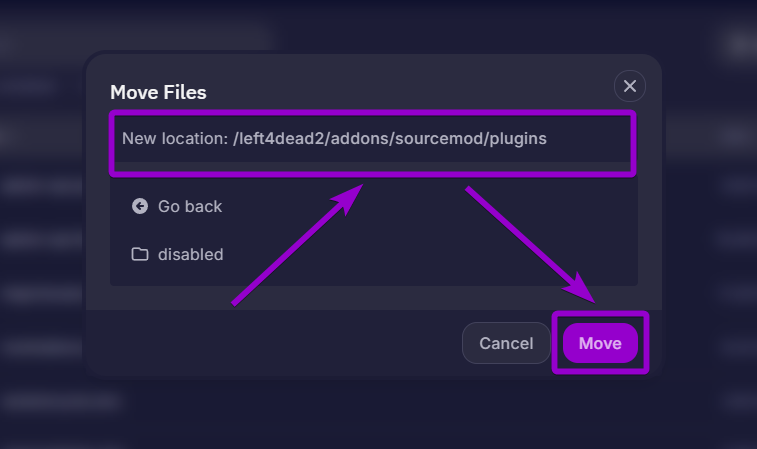 Using the move files prompt to send the reserved slots plugin back to the main sourcemod plugins folder